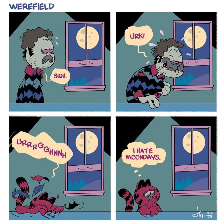 Jason Latour Instagram - It’s 2024, and finally time to make that sweet WEREFIELD merchandising cash. Join my NEWSLETTER at the link in bio. #comics #comicbooks #comicstrip #garfield #parody #werefield