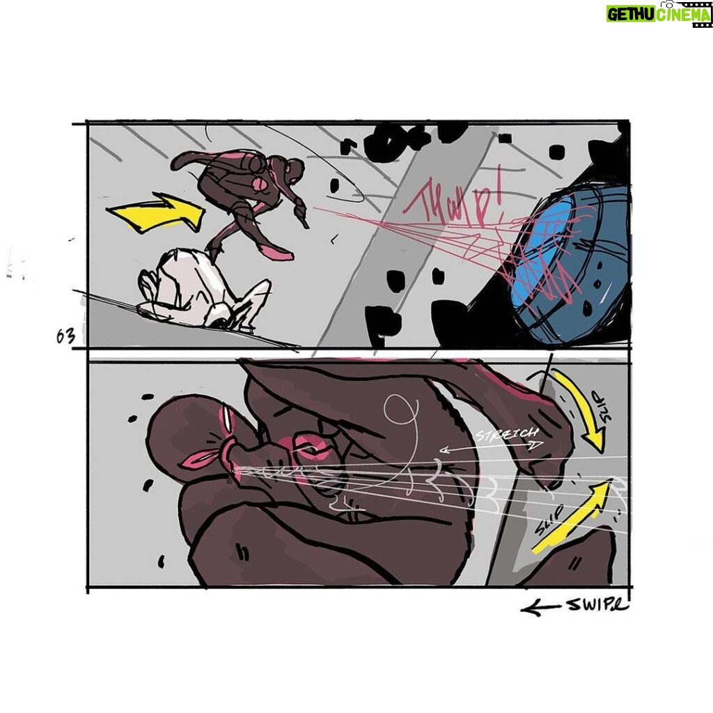 Jason Latour Instagram - For an early cut of #acrossthespiderverse one of the little side quests I was asked to pitch in on was possible ways to inject a few more glimpses of other dimensions. So being a masochist— I took it upon myself to storyboard one of my silly pitches. (At the time I had no idea what was in store for Spider-man in other movies. Just a neat coincidence.) — For more join my NEWSLETTER at the link in bio. #spiderman #spiderverse #milesmorales #marvel #animation #storyboard #comics #mcu #spidermanacrossthespiderverse #superhero
