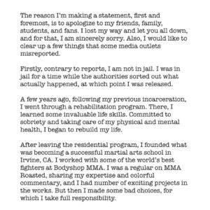 Jason Miller Instagram - Official Statement
