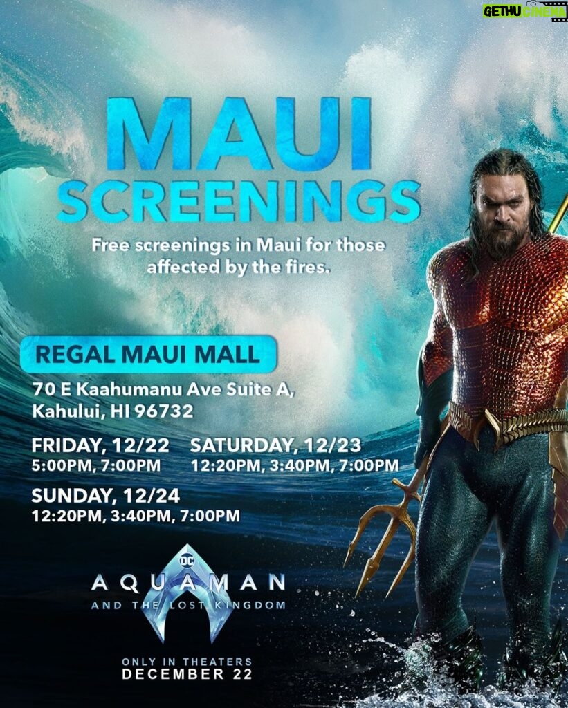 Jason Momoa Instagram - The tide has brought in something special for Maui. Enjoy a special screening of #Aquaman and the Lost Kingdom for those affected by the fires in Maui. Go to link to RSVP. While supplies last. Link in Bio