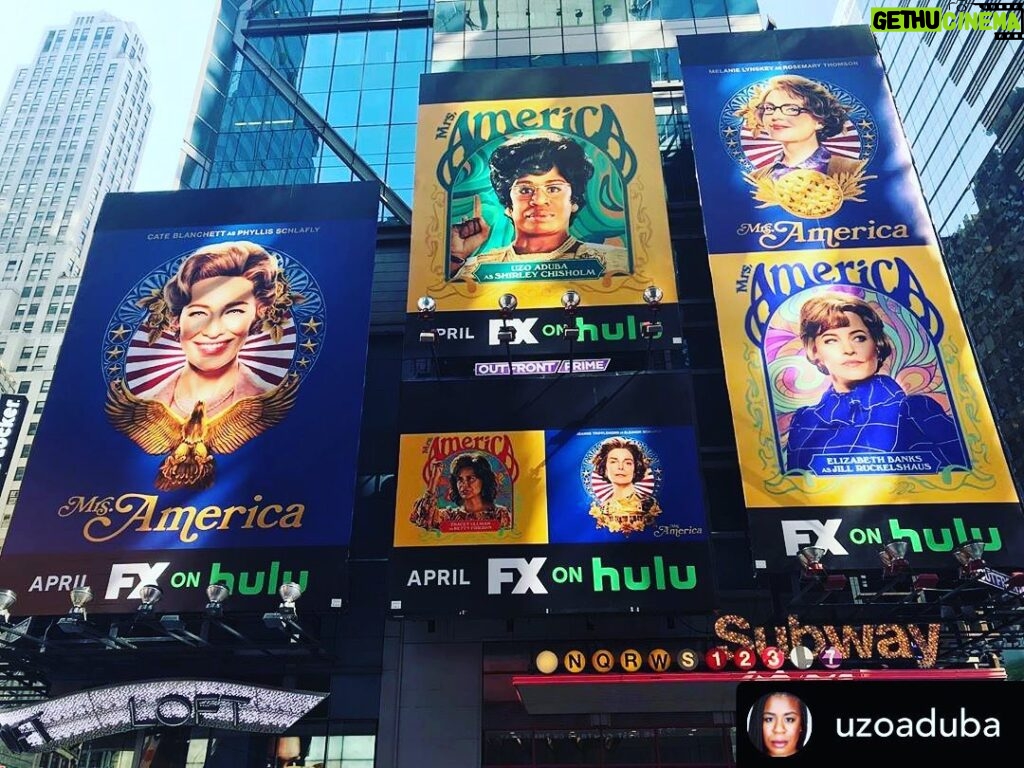 Jeanne Tripplehorn Instagram - This is happening soon...x ⁣ ⁣ #MrsAmerica #FXonHulu⁣ ⁣ @Posted @withregram • @uzoaduba #AloneTogether in Times Square with some of my #MrsAmerica cast mates. Thanks to my friend @tellyleung in Hells Kitchen for the 📷! @mrsam_fxonhulu begins April 15. #shirleychisholm Times Square, New York City