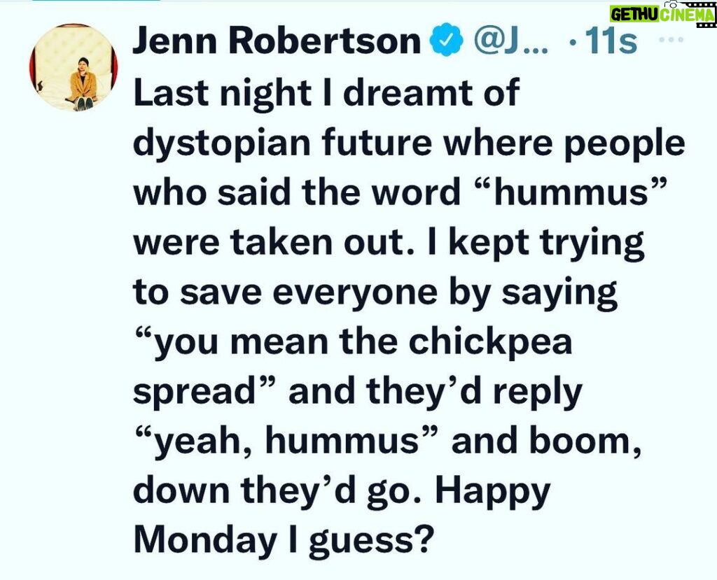 Jennifer Robertson Instagram - Can everyone just say “chickpea spread” today to ease my lingering stress from this dream.
