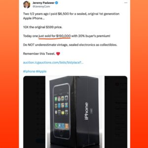 Jeremy Padawer Instagram - Do not sleep on vintage, sealed Apple and electronics! ❤️

“It appears the main reason for the huge number was the provenance of it coming from an Apple engineer and being the rare 4gb.“

https://auction.lcgauctions.com/bids/bidplace?itemid=1102

Copy / Paste for auction link. 

#apple #iphonex #iphone