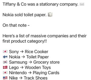 Jeremy Padawer Instagram - And almost every single one of these brands was created in the last 100 years.  Practically every brand you see is less than 50 years old.  Why not you?  And if not you, why not instill a sense that anything is possible with hard work, diligence and resilience to your children?!

Bottom line - the next multi billion unit selling company will be created practically every single year…! ❤️