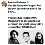 Jeremy Padawer Instagram – $800.  That’s what Jobs, Woz and Wayne agreed upon for the 10% of Apple in 1976.  I can’t imagine how painful that realization has been for the now 89 year old Wayne.

 #apple #stevejobs #jobs