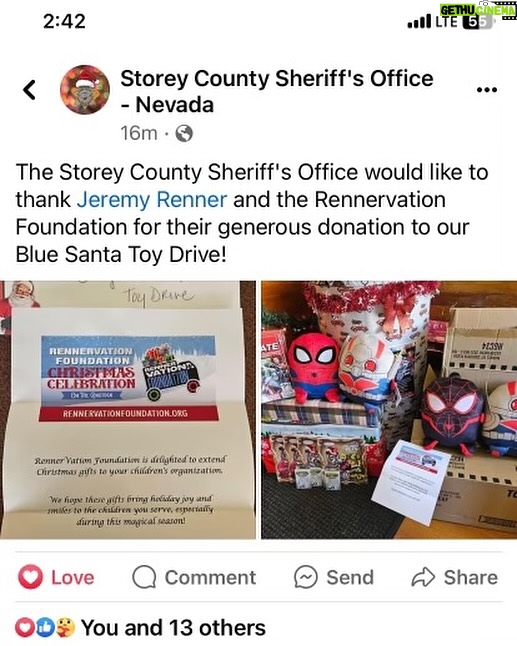 Jeremy Renner Instagram - Community building, discovering undeniable love and acts of kindness at every door in greater northern Nevada @officialrennervationfoundation @storycountysheriffsoffice @storeycounty