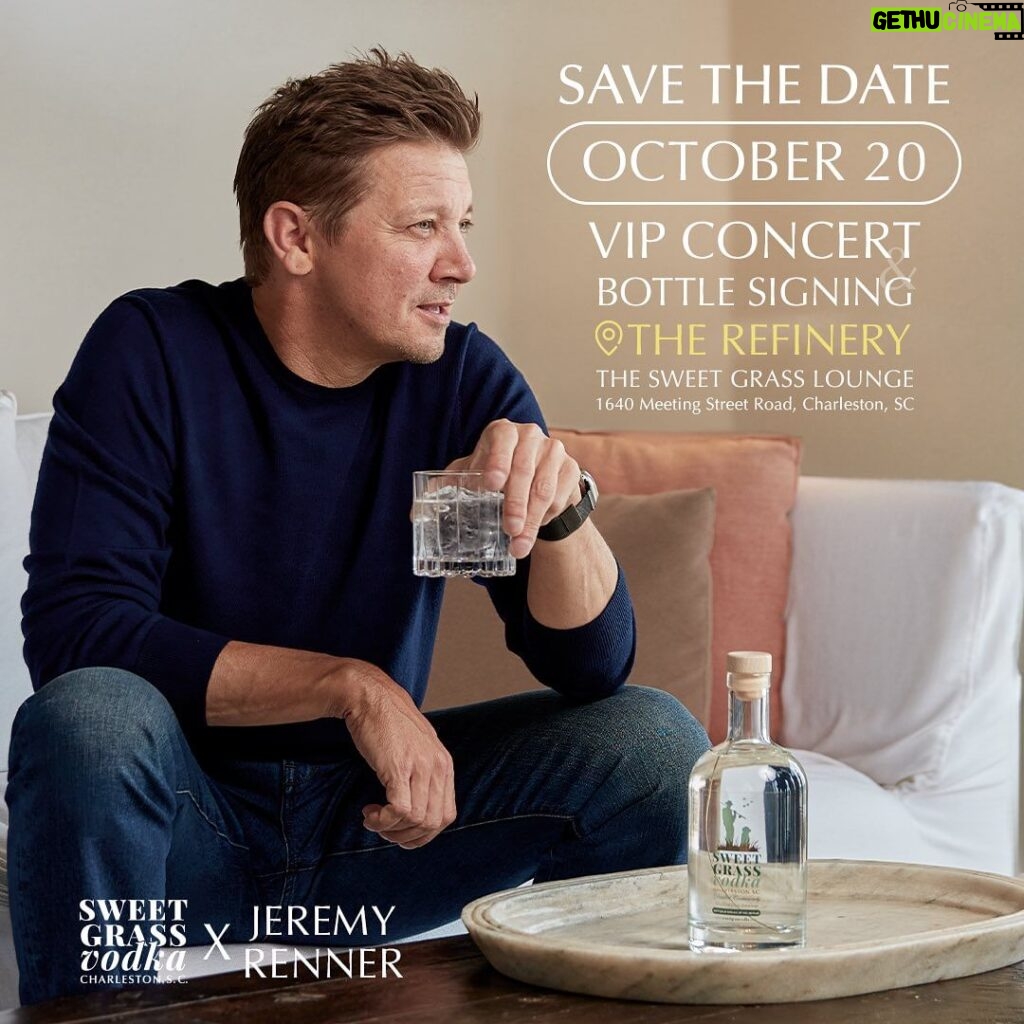 Jeremy Renner Instagram - You heard it here first on #NationalVodkaDay Jeremy's next stop is right here in Charleston, South Carolina📍 On Friday, October 20th we'll host a celebration at our HQ in The Refinery with live music, festivities, food, and of course, drinks! VIP experiences available for a bottle signing and meet & greet with Jeremy Renner. Save the date and stay tuned for when tickets go live. See y'all soon! #SweetGrassVodka #JeremyRenner #SweetGrassLounge #TheRefinery #CharlestonSC