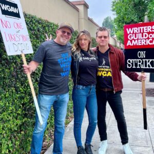 Jes Macallan Instagram - Literally, four weeks postpartum, to the day, @mrnicbishop and I had our first big outing away from baby. 

We chose to join our beloved friends and colleagues (also supported by our amazing “fanmily” with an ice cream truck 🤯, thank you from the bottom of my, just had a baby, heart). I had so much love in my body that day because it was also a mini reunion with so many people I love so hard, from a project that has meant so much to me for so long. 

At eight weeks postpartum, we took our little man for his first big outing to meet some more tv family that I love dearly and hold close to my heart. 

Here we are today… officially on strike. We stand by @sagaftra and our sister unions as a family. The future is… well, unclear.