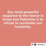 Jes Macallan Instagram – ⬆️ This. The hurt is so deep and I do believe in everything @valariekaur wrote here. It’s all I wish… is that the hurt and suffering and fear would stop for everyone who is enduring it. I understand it is a naive and an unsustainable way to think and very childlike… but weren’t we all children at one point in our very short existence on this planet? 🥺⬇️🙏

•••
I believe our most powerful response to the horror in Israel and Palestine is to refuse to surrender our humanity. 

This is demanding labor. But once your eyes are open — you can never again explain away the deaths of children again, like so many are doing right now.

And so: 

I stand with the Palestinian people. I stand against the brutal occupation of Palestine and the ongoing subjugation, assaults, and killings of Palestinian people. 

I stand against the ongoing antisemitic violence and persecution of Jews, past and present, including the vicious antisemitic attacks right now in the United States. 

I have been mourning with Jewish friends who have family in Israel hiding in bomb shelters. And I have been mourning with Palestinian friends whose family in Gaza have no shelters to hide in at all. 

My mourning transcends political agendas. Your mourning can too. This is not about equivalency. The time has come to center the human cost of the conflict above all. 

Can we stretch our hearts beyond what was previously imaginable? We must if there is to be a world. 

#Repost @valariekaur with @use.repost

#IsraelPalestine #SeeNoStranger #RevolutionaryLove