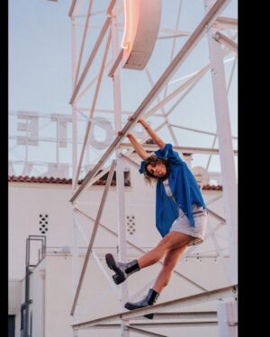 Jess Salgueiro Instagram - Staying in a haunted Hollywood hotel, first multi-cam taping the night before; confused, treading cautiously and no fukin clue what I was in for but hopeful it was gonna be fun (it was). 

@its_sam_coyle captured this terrified but grateful, naïve yet grounded moment in time. 🫶🏼