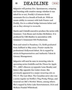 Jess Salgueiro Instagram - FRASIER’S BACK!!! 🥗 🍳 So pumped to be a part of this legendary team. 💫 💫 💫 
Thank you @deadline @variety 💘