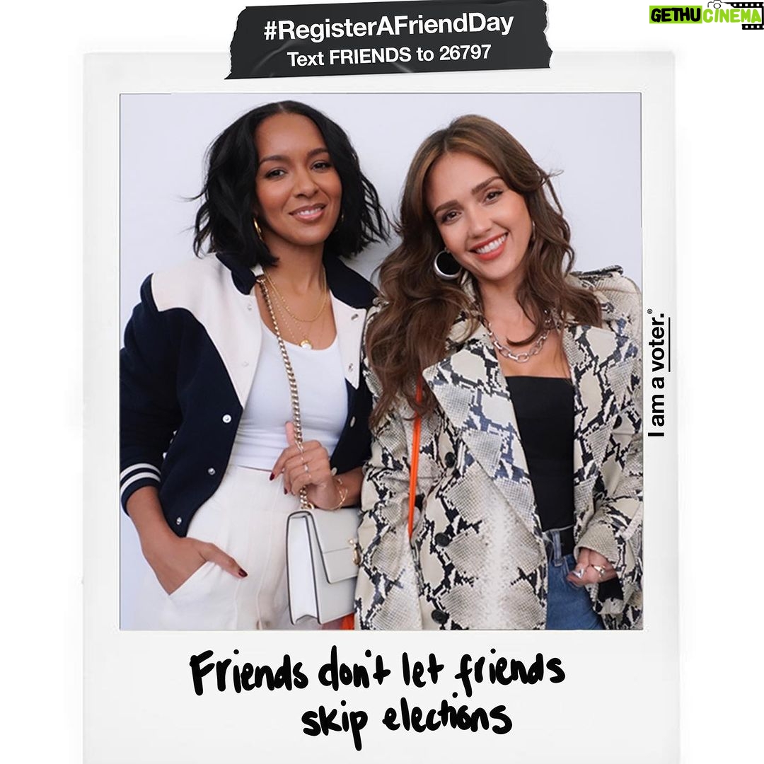 Jessica Alba Instagram - Friends don't let friends skip elections 🙅🏽♀️💕 Text FRIENDS to 26797 to make sure you are registered to vote - and tag your friends below to remind them to check their registration too 🫶🏽 #RegisterAFriendDay #NationalVoterRegistrationDay @iamavoter