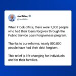 Joe Biden Instagram – When I took office, there were 7,000 people who had their loans forgiven through the Public Service Loan Forgiveness program.
Thanks to our reforms, nearly 800,000 people have had their debt forgiven.
This relief is life-changing for individuals and for their families.