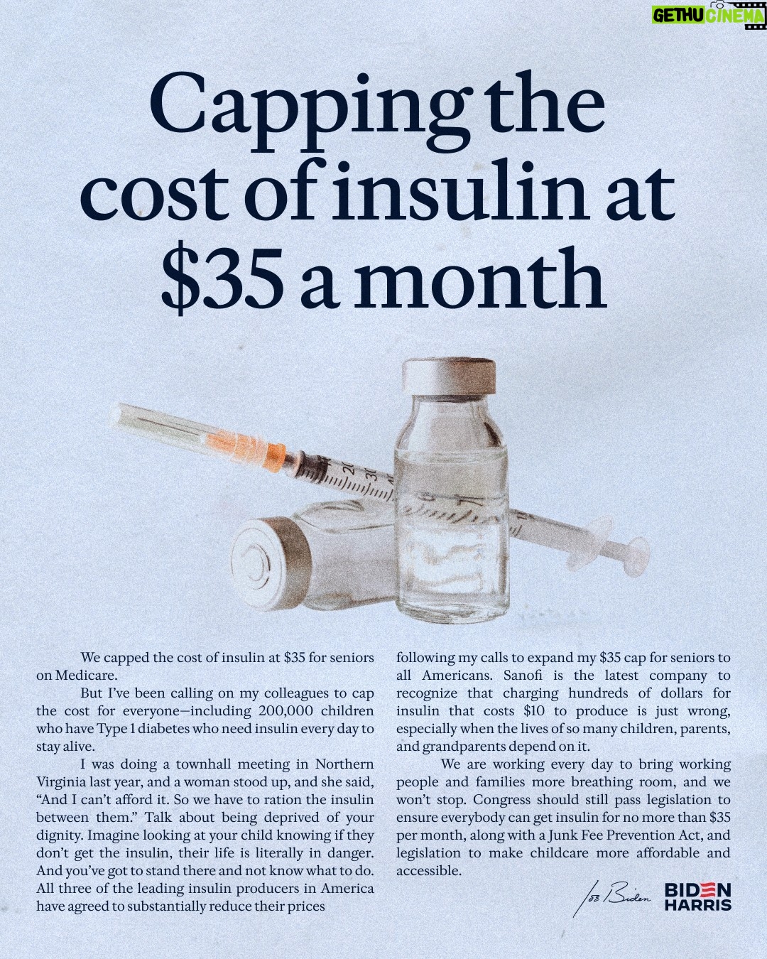 Joe Biden Instagram - We’ve capped the cost of insulin for seniors on Medicare at $35 a month thanks to the Inflation Reduction Act—but I’m calling on my colleagues to cap the cost for everyone who needs insulin to stay alive.