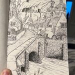Joe Sugg Instagram - My first landscape sketch since I was at school.. I would love to say this is the view outside my window right now but alas it is not.. it is in fact part castle Combe, part imagination. Anyways hope you like it. #sketch #drawing #landscape #fantasyart #crosshatching