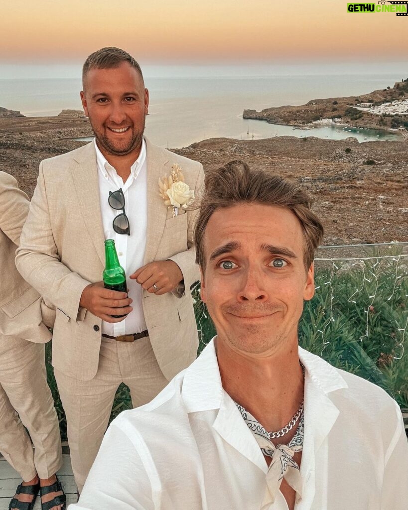 Joe Sugg Instagram - Had a lovely week off in Rhodes for a beautiful wedding. I am slightly concerned though that it’s becoming a habit of me and @lewisedjones7 attempting this dance move at every wedding we’ve been to so far 😂 Lindos, Rhodes, Greece