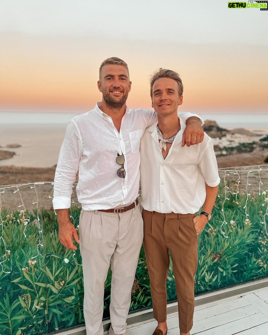 Joe Sugg Instagram - Had a lovely week off in Rhodes for a beautiful wedding. I am slightly concerned though that it’s becoming a habit of me and @lewisedjones7 attempting this dance move at every wedding we’ve been to so far 😂 Lindos, Rhodes, Greece