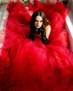 Joey King Instagram - A skirt made from the blood of my enemies for The Princess premiere ☺️ Photos by the wonderful @rogerkisby Gown by the amazing @csiriano