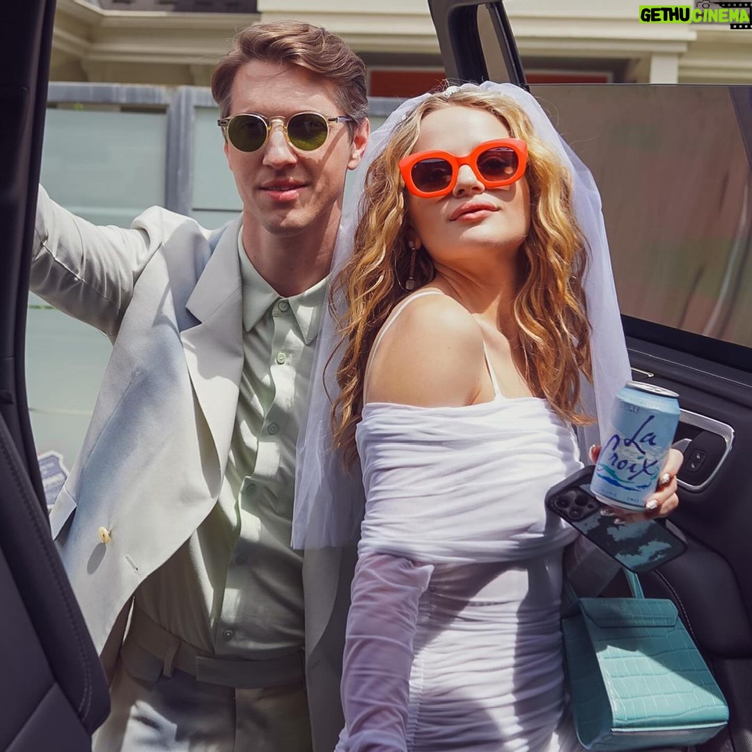 Joey King Instagram - For Valentine’s Day I thought I’d share this rager of a memory. August 19th 2023. Steven and I legally had to get married in the states before our September wedding in Mallorca. Obviously we wanted it to be a bit of a party. So we got some sickeningly hot outfits, gathered family (my mom made me a bouquet from the dollar store), hit up a place called Same Day Marriage in Los Angeles, and went bowling and partied. Happy Valentines Day you babes!!!