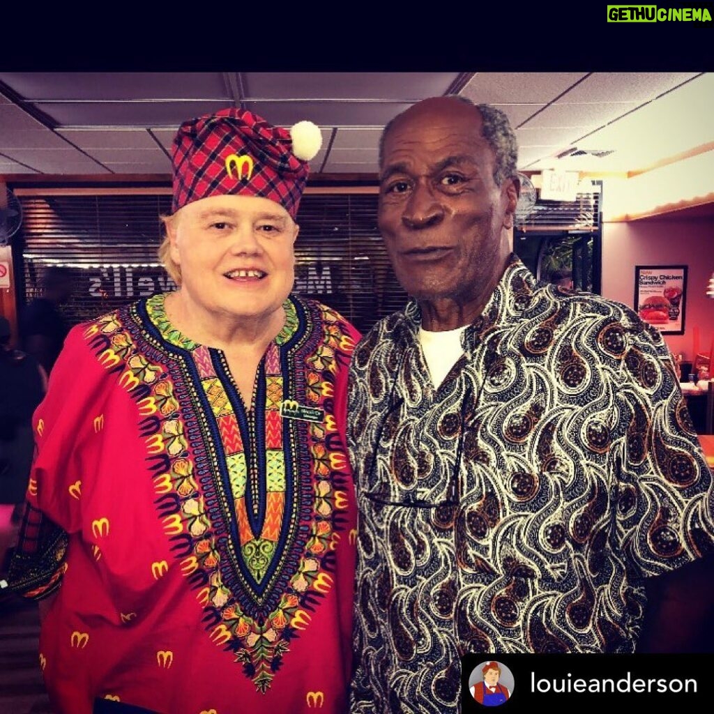 John Amos Instagram - Great photo Louie! 33 years later. So many great memories on both films. -J.A. REPOST• @louieanderson Hat Day Sunday!! With my good friend and Boss @officialjohnamos in #mcdowells @paulyfilms00 @arseniohall @amazonprimevideo #coming2america #1movieintheworld thanks Eddie Murphy What a wild ride 33 years in the making! “This is when the Big Bucks start coming in!!! #comingtoamerica #maurice #tokenwhiteguy