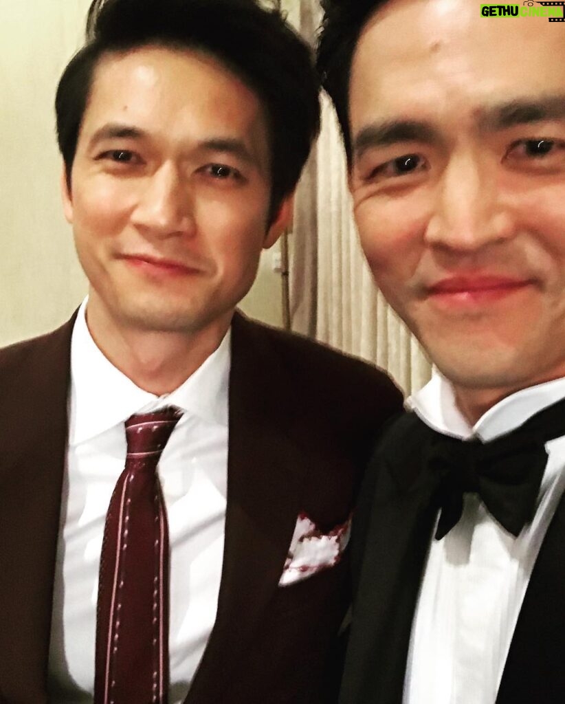 John Cho Instagram - Thanks to @koreasianmedia for the honor tonight! 1) @therealdebramessing getting edumacated at the table, 2) my man @harryshumjr pulling off burgundy, 3) thanks to Jesse Tyler Ferguson for the youtube tutorial on tying a bowtie. Played it in the car on the way over. Wasn’t perfect, but it stayed in place.