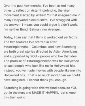 John Cho Instagram - Thank you.