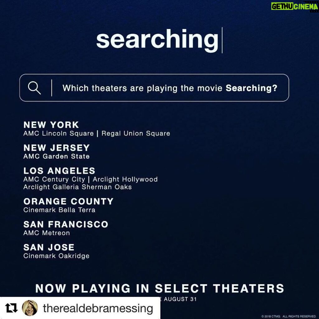 John Cho Instagram - #Repost @therealdebramessing with @get_repost ・・・ #Repost @searchingmovie ・・・ #SearchingMovie is NOW PLAYING in these select theaters, everywhere August 31st. Get 🎟 (link in bio).