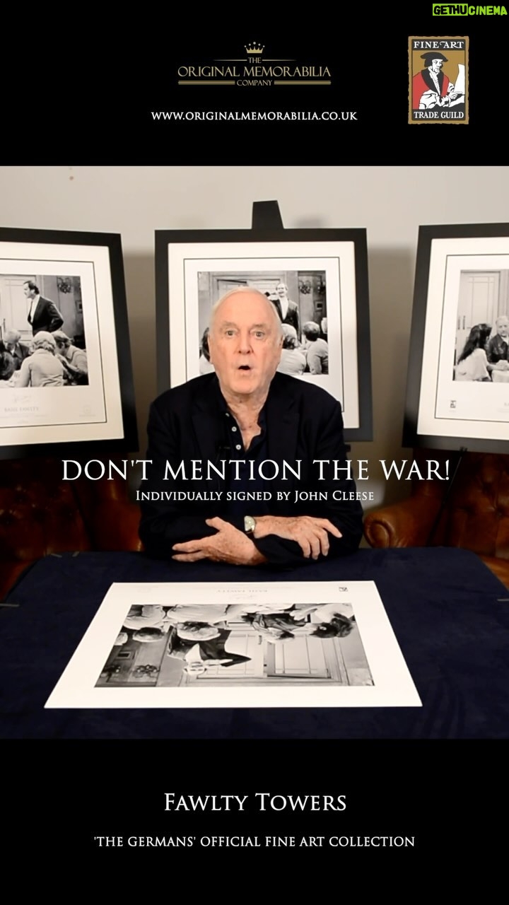 John Cleese Instagram - DON’T MENTION THE WAR! Do mention these three exclusive Fawlty Towers museum grade limited edition autographed fine art prints. They are now available at originalmemorabilia.co.uk and can be shipped worldwide in time for Christmas! Use voucher code MY15 to get 15% off before they discover I’ve shared the code with all of you! 👀🤣 More information : www.originalmemorabilia.co.uk or just click the link in my profile. #fawltytowers #dontmentionthewar #fineartprints #christmasgiftidea #giftsfordad #memorabilia #besttvshow