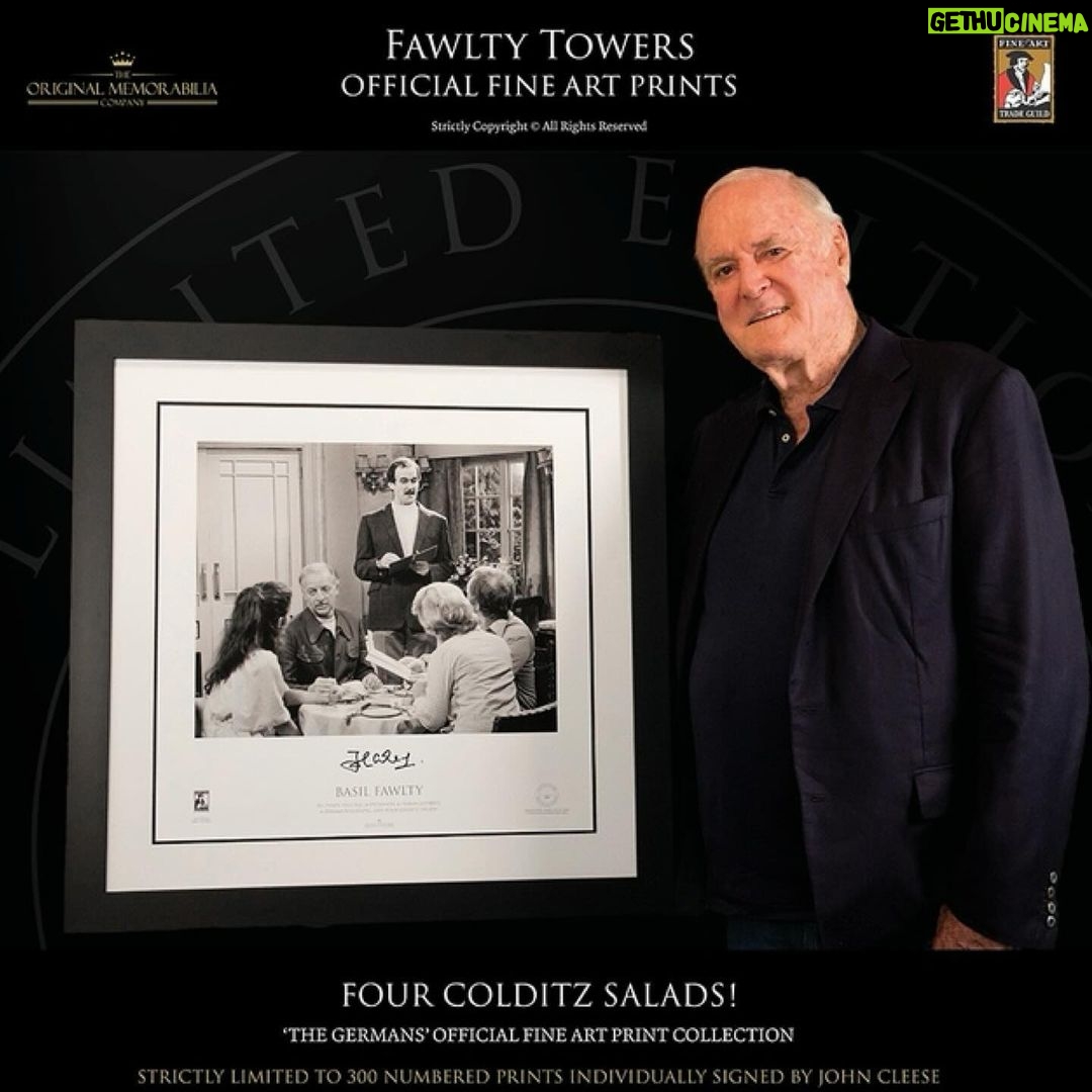 John Cleese Instagram - 48 years ago (!) the BBC broadcast Fawlty Towers ‘The Germans.’ Some of the most memorable lines from this classic episode are captured forever in these beautiful fine art prints that I had the pleasure of signing in London last month. Just 300 of each are to be sold (with full fine art certification) by the publishers The Original Memorabilia Company. For information and to order go to www.originalmemorabilia.co.uk or just click the link in my profile. They ship worldwide in time for Christmas, and you can get 15% off with code MY15 for a limited time. #fawltytowers #bbccomedy #classiccomedy #fineartprints #collectorsitem #christmasgiftsideas #dontmentionthewar #basilfawlty