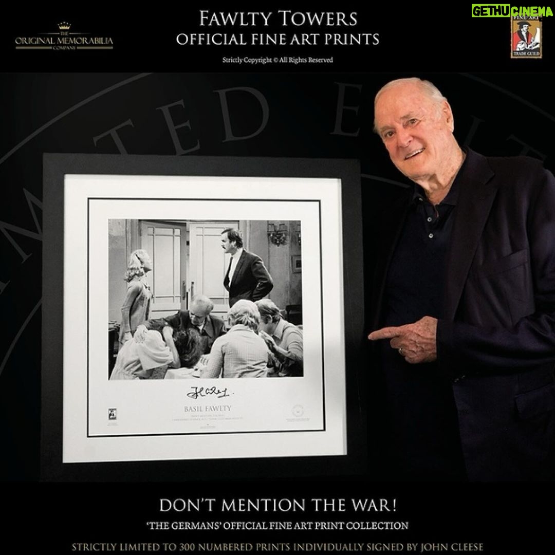 John Cleese Instagram - 48 years ago (!) the BBC broadcast Fawlty Towers ‘The Germans.’ Some of the most memorable lines from this classic episode are captured forever in these beautiful fine art prints that I had the pleasure of signing in London last month. Just 300 of each are to be sold (with full fine art certification) by the publishers The Original Memorabilia Company. For information and to order go to www.originalmemorabilia.co.uk or just click the link in my profile. They ship worldwide in time for Christmas, and you can get 15% off with code MY15 for a limited time. #fawltytowers #bbccomedy #classiccomedy #fineartprints #collectorsitem #christmasgiftsideas #dontmentionthewar #basilfawlty