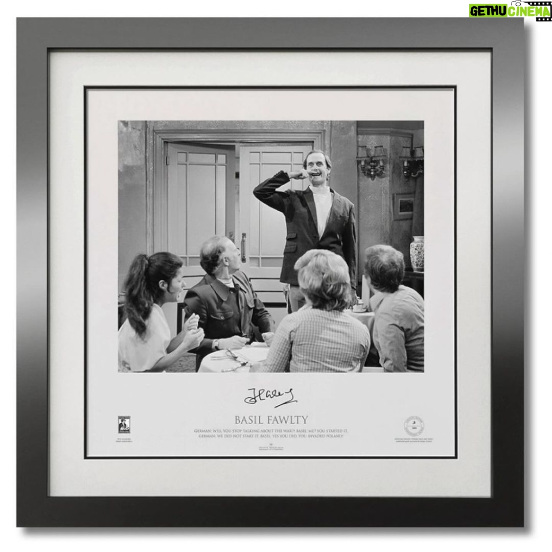 John Cleese Instagram - 48 years ago (!) the BBC broadcast Fawlty Towers ‘The Germans.’ Some of the most memorable lines from this classic episode are captured forever in these beautiful fine art prints that I had the pleasure of signing in London last month. Just 300 of each are to be sold (with full fine art certification) by the publishers The Original Memorabilia Company. For information and to order go to www.originalmemorabilia.co.uk or just click the link in my profile. They ship worldwide in time for Christmas, and you can get 15% off with code MY15 for a limited time. #fawltytowers #bbccomedy #classiccomedy #fineartprints #collectorsitem #christmasgiftsideas #dontmentionthewar #basilfawlty