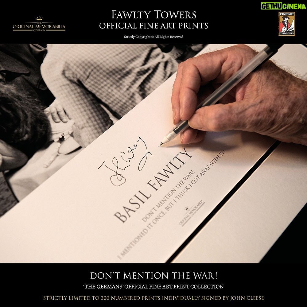 John Cleese Instagram - 48 years ago (!) the BBC broadcast Fawlty Towers ‘The Germans.’ Some of the most memorable lines from this classic episode are captured forever in these beautiful fine art prints that I had the pleasure of signing in London last month. Just 300 of each are to be sold (with full fine art certification) by the publishers The Original Memorabilia Company. For information and to order go to www.originalmemorabilia.co.uk or just click the link in my profile. They ship worldwide in time for Christmas, and you can get 15% off with code MY15 for a limited time. #fawltytowers #bbccomedy #classiccomedy #fineartprints #collectorsitem #christmasgiftsideas #dontmentionthewar #basilfawlty