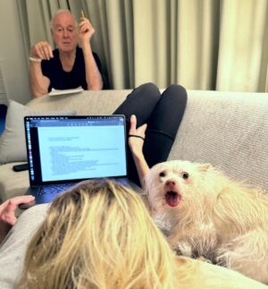 John Cleese Instagram - Working on a script with @camillacleese & her dog Hercules.