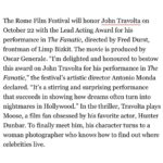 John Travolta Instagram - I'm truly happy to be receiving the Lead Acting Award at this year's Rome Film Festival!