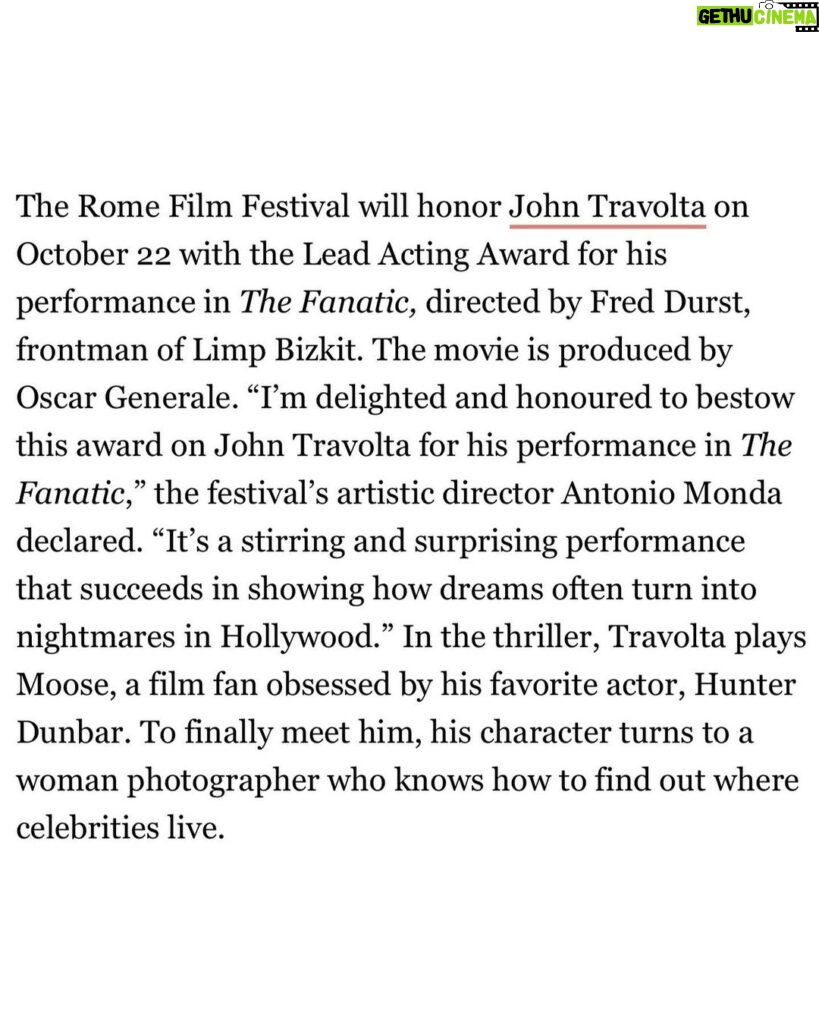 John Travolta Instagram - I'm truly happy to be receiving the Lead Acting Award at this year's Rome Film Festival!