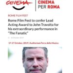 John Travolta Instagram - I'm truly happy to be receiving the Lead Acting Award at this year's Rome Film Festival!