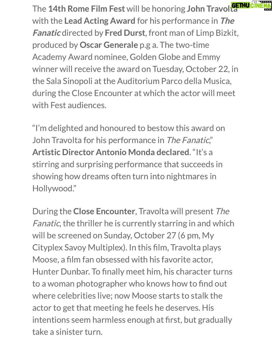 John Travolta Instagram - I'm truly happy to be receiving the Lead Acting Award at this year's Rome Film Festival!