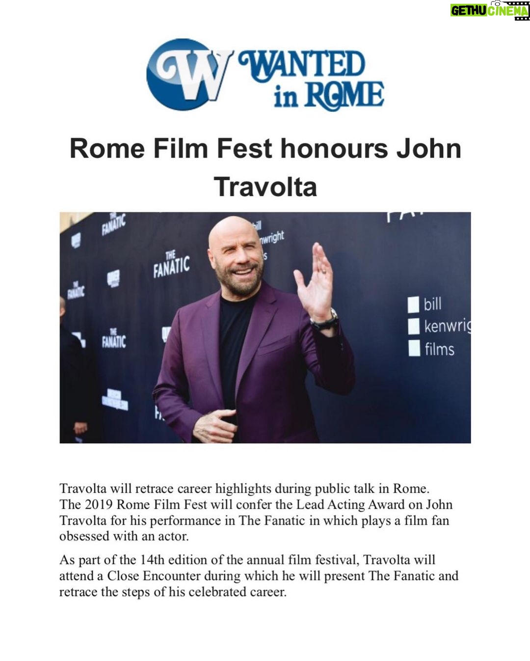John Travolta Instagram - I'm truly happy to be receiving the Lead Acting Award at this year's Rome Film Festival!
