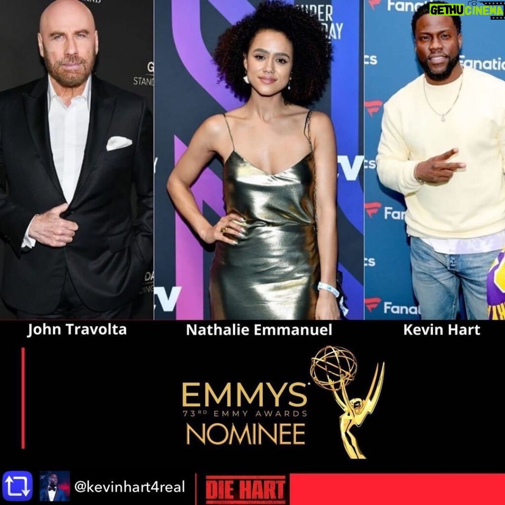 John Travolta Instagram - Congrats to my fellow actors Nathalie and Kevin. Let’s have some fun the night of the Emmys!! Repost from @kevinhart4real using repost_now_app - Exciting day for the team. Die Hart garnered 3 Emmy Nominations! Congrats to my co-stars John Travolta on their Nominations for Outstanding Actor in a Short Form Comedy or Drama Series and to Nathalie Emmanuel for Outstanding Actress in a Short Form Comedy or Drama Series. One of my favorite productions to date. A phenomenal team in front of and behind the camera. Our team is just getting started. Congrats to all nominees! #LOLStudios LOL Network #HartBeatProductions #Roku