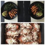 Johny Hendricks Instagram - dinner from last night- turkey burger, kale, baked sweet potato fries, hot onions and guacamole. bottom is the kids vodka sauce chicken parm.