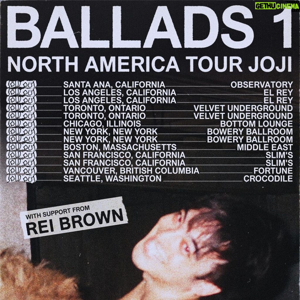 Joji Instagram - SOLD OUT. @rei.brown joining us on this lovely tour 🤠