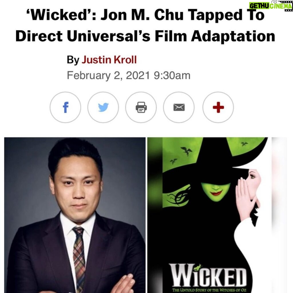 Jon M. Chu Instagram - Most of my life I have felt out of place, weird and different. I hid behind my camera because people liked to be filmed and I could disappear. I used my short films to wow people so I could feel valued.  I felt GREEN in all the ways. But when I saw Stephen Schwartz and Winnie Holzman’s WICKED over 15 years ago as it was being workshopped in San Francisco I couldn’t unsee it.So to think that I have been invited to bring this timeless story to the biggest screens all around the world for people to experience with their family, best friends and total strangers…of all walks of life, ages, shapes and colors is like I’ve been invited to Oz by the Wizard himself. Thank you Marc Platt , Stephen, Winnie and Universal Pictures for trusting in me to translate this incredible story for all the fans and future fans of Elphaba and Glinda. I will protect this vigorously and hopefully bring a few new surprises along the way. So… who wants to be Elphaba and Glinda?