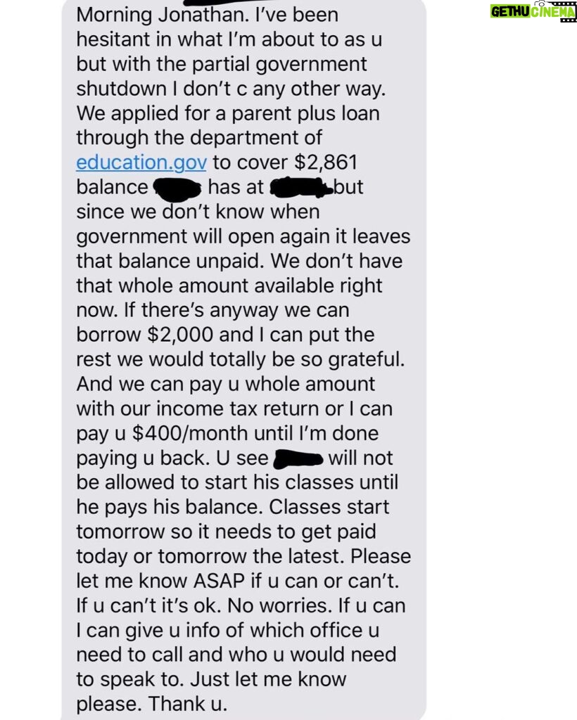 Jonathan Tucker Instagram - i prefer to keep non profit work private. but this text is too important not to share. government shutdowns have consequences. and a legal, first generation student who supports himself doing @doordash during the semester had his college education jeopardized over petty political brinksmanship. we have been in his life and the life of his family for nearly ten years: i’ve meet few people who have worked harder academically or personally than this young man. all americans should be supporting a functioning government. this is an absolute disgrace. #governmentshutdown