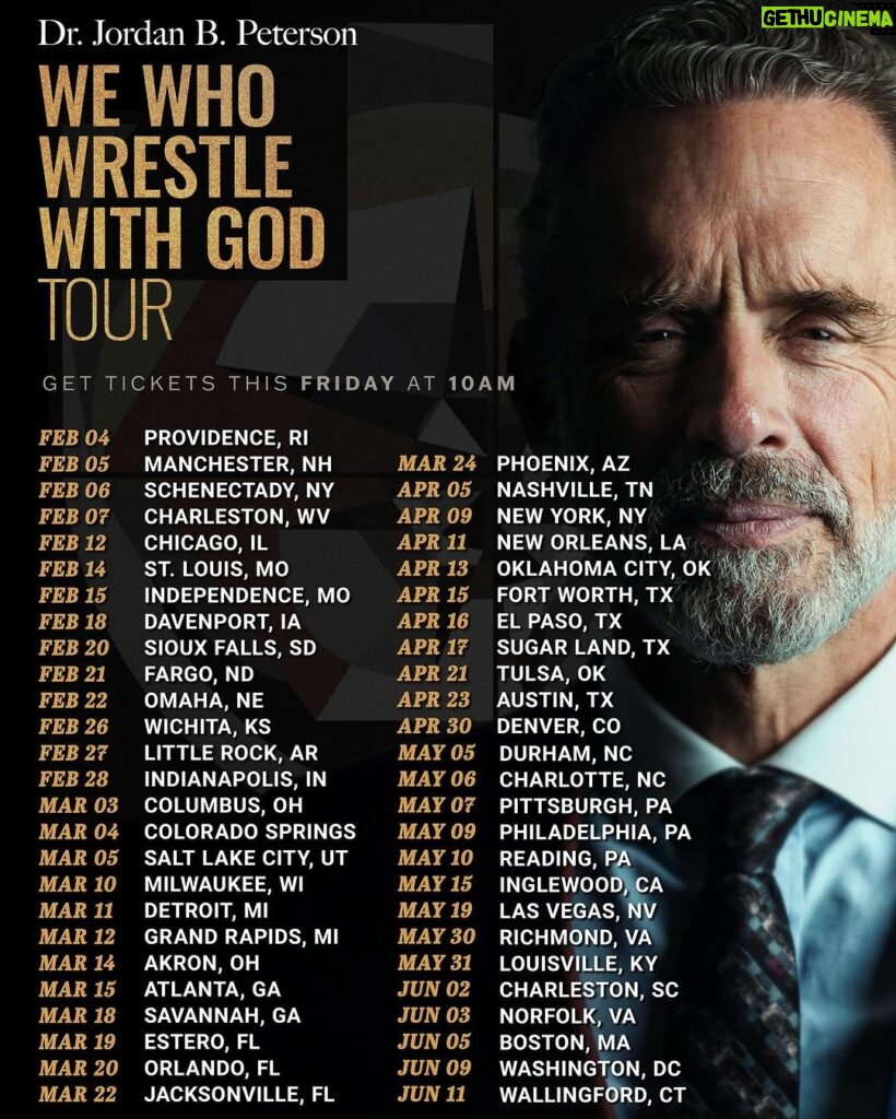 Jordan B. Peterson Instagram - I’m pleased to announce my new We Who Wrestle With God Tour. I’m going to be discussing some of the ideas I’ve been working through in my forthcoming book. Get tickets on pre-sale now before going live on Friday using code ‘JORDAN’ by going to jordanbpeterson.com (link in my bio).