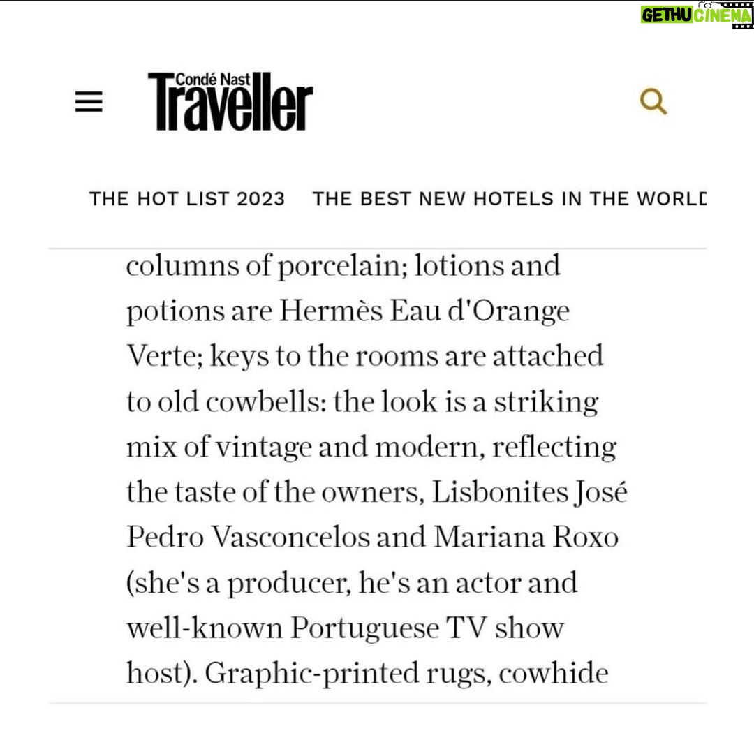 José Pedro Vasconcelos Instagram - É com muita honra que agradecemos a inclusão da Imani Country House nesta curta seleção de melhores Hotéis de Portugal feita pela Conde Nast Traveller e ao lado de hotéis tão prestigiados. Obrigada à Conde Nast Traveller e à jornalista Abigail Malbon.
