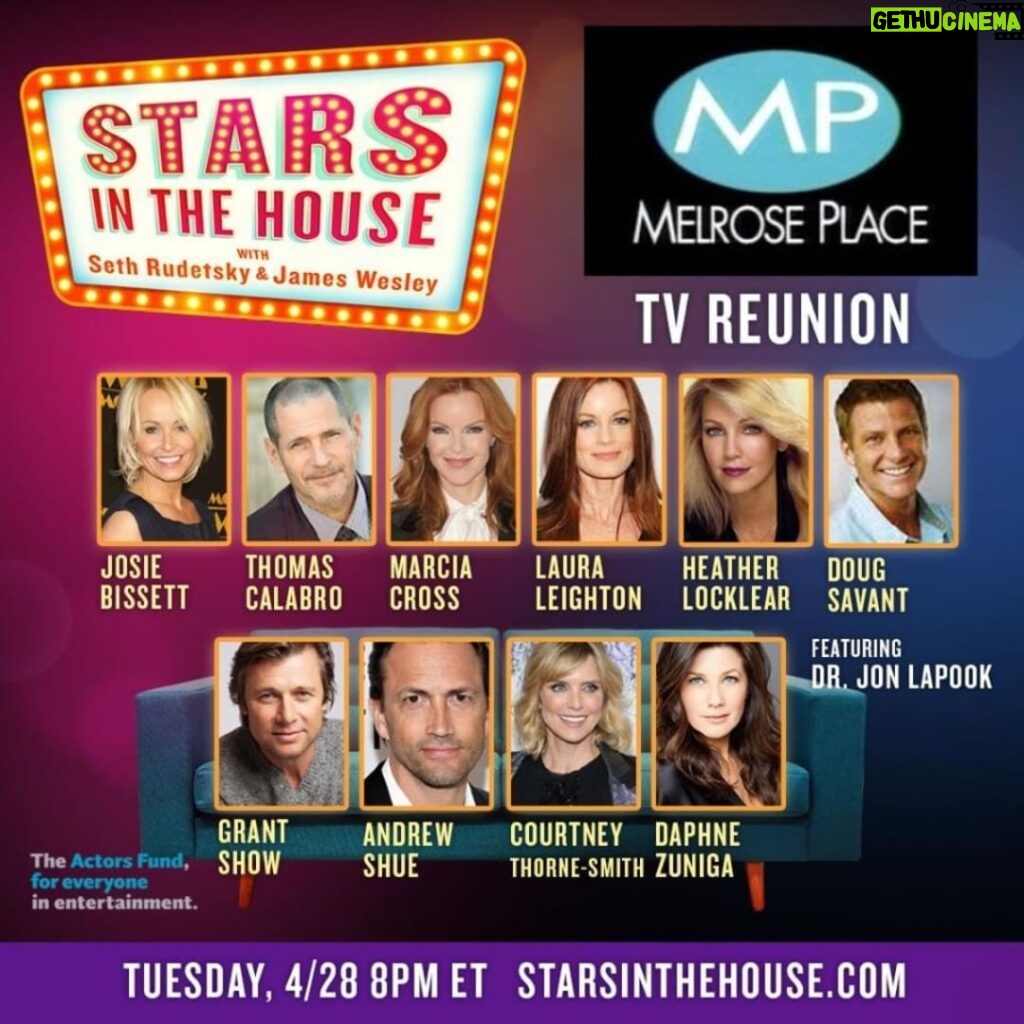 Josie Bissett Instagram - The #MelrosePlace cast will be reuniting tomorrow live @StarsInTheHouse to help raise money for @theactorsfund and of course to reminisce on the good old days together! Thanks to @sethrudetsky @jameswesleynyc #StarsInTheHouse #TheActorsFund for making this possible! I can't wait to see you all tomorrow! @thomascalabroofficial @reallymarcia @lauraleightonforeal @heatherlocklear @grant_show  @courtney.thornesmith @daphnezuniga