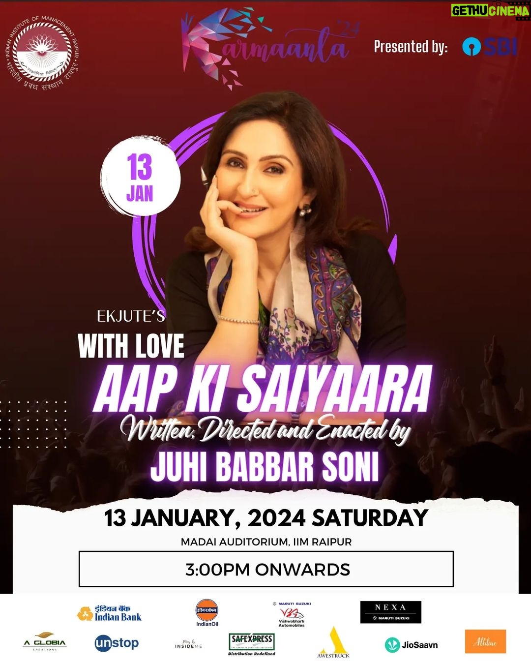 Juhi Babbar Instagram - Step into the captivating realm of Juhi Babbar Soni at IIM Raipur's auditorium on January 13th. A masterful storyteller and acclaimed director, Juhi's theatrical brilliance promises an unforgettable experience. Join us for an evening where emotions come alive on stage with Juhi Babbar Soni's latest masterpiece.✨✨ #karmaanta #karmaanta_iimraipur #KarmaantaChronicles #iimraipur #iimraipurofficial #iimraipurdiaries