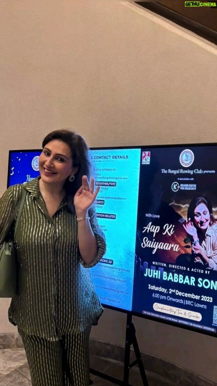 Juhi Babbar Instagram - 3rd time in Kolkata! Kolkata, the city of joy, thank you for showering so much love on Saiyaara.💕 Special thanks to the Bengal Rowing Club for hosting Ekjute's play, 'With Love, Aap Ki Saiyaara.' I'm grateful for the warm encouragement and support from the Club's President, Mr. Manish Rungta, and his lovely wife, Mrs. Sabina Rungta.❤️ Heartfelt gratitude to all the friends and members who attended. And, of course, the Jaleba... The Club is known for their food ! Thank you for making Saiyaara's 79th show so special!✨✨✨ Although I missed clicking pictures by the lake🤦🏻‍♀️next time for sure😍 And all of this was only possible because of the Collaboration That happened with KCC… Always grateful to our Dear patron and Friend Richa Agarwal 🙏❤️ #myplay #ekjutetheatregroup #saiyaarainkolkata #withloveaapkisaiyaara #KolkataDiaries #CityOfJoy #SaiyaaraLove #TheatreMagic #AAPKiSaiyaara #kcc #BengalRowingClub #GratitudeInKolkata #ShowtimeJoy #ClubPresident #SupportiveCommunity #PlayMemories #JalebaDelights #FoodieInKolkata #MemorableMoments #TheatreJourney #SaiyaaraSuccess #KolkataLove #CulturalExperience #NextTimeClicks #PlayInKolkata #Juhibabbarsoni