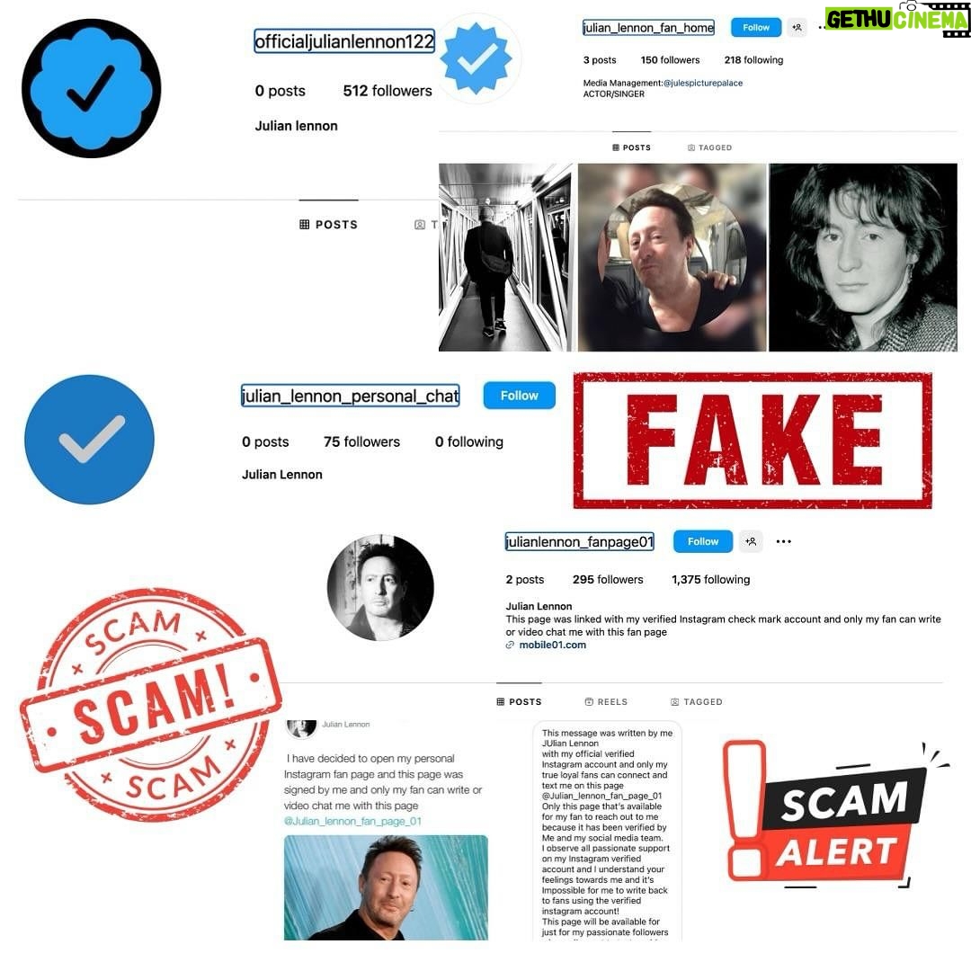 Julian Lennon - 4.2K Likes - The scammers are back at it, so here are a few reminders:
I don’t have any private chats.
I don’t use Telegram or WhatsApp.
No member of my team will DM you or ask for any payment in gift cards or Bitcoin.
Please report to Instagram & block any impersonator who contacts you.
Stay safe 🙏🏼