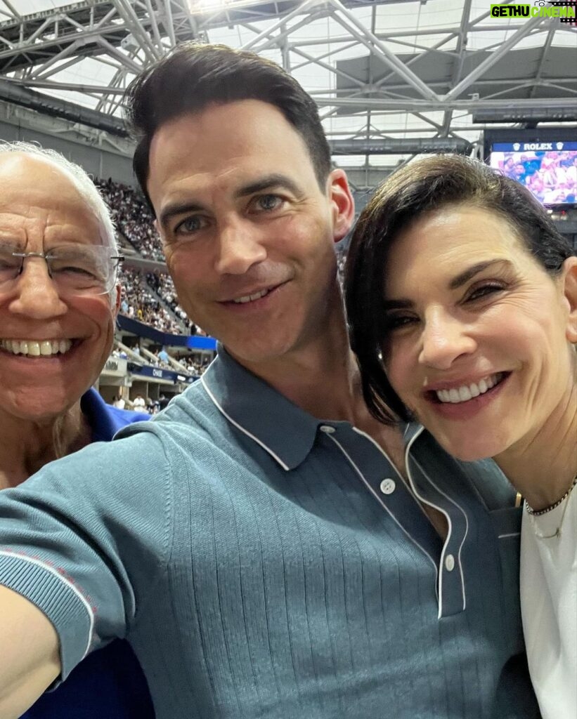 Julianna Margulies Instagram - What an amazing day @usopen yesterday for the men’s semifinals! Thank you so much @cadillac for hosting us! We took my father-in-law for his 80th birthday and had the best time Happy Birthday Ken! We love you! #usopen #cadillac #usta Also… because people keep asking: the jumpsuit I’m wearing is from @narciso_rodriguez capsule collection for @zara